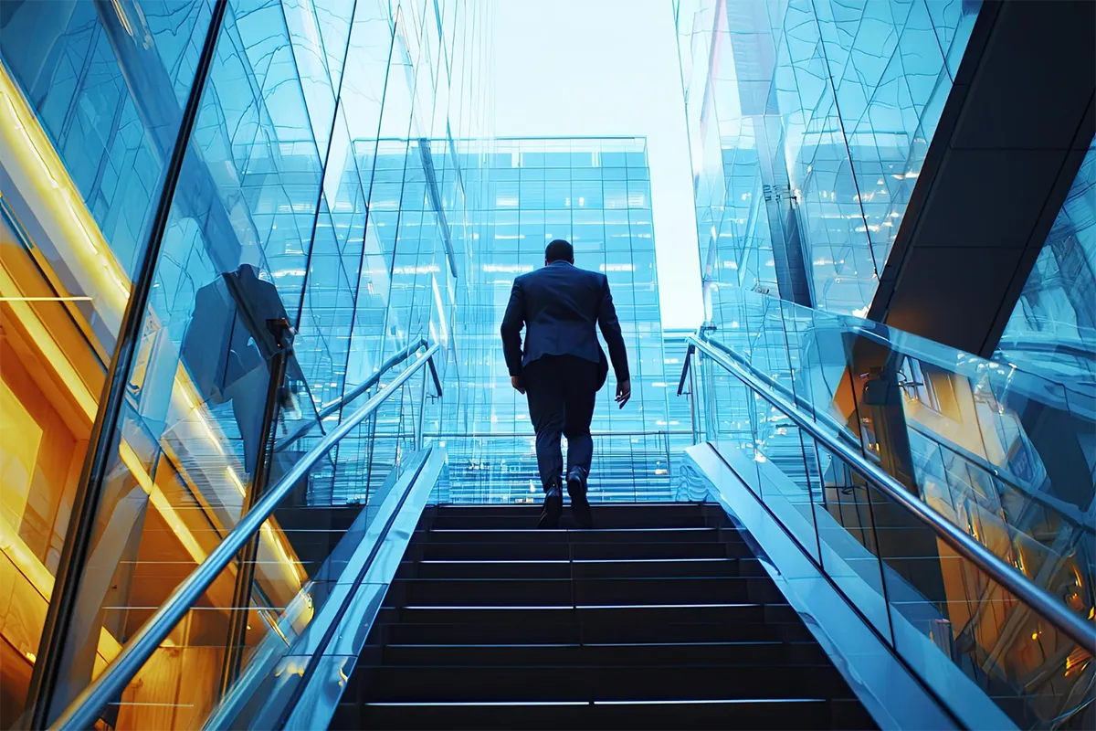 Man walking up-stairs implying growth with iClick banner showcasing data-driven growth